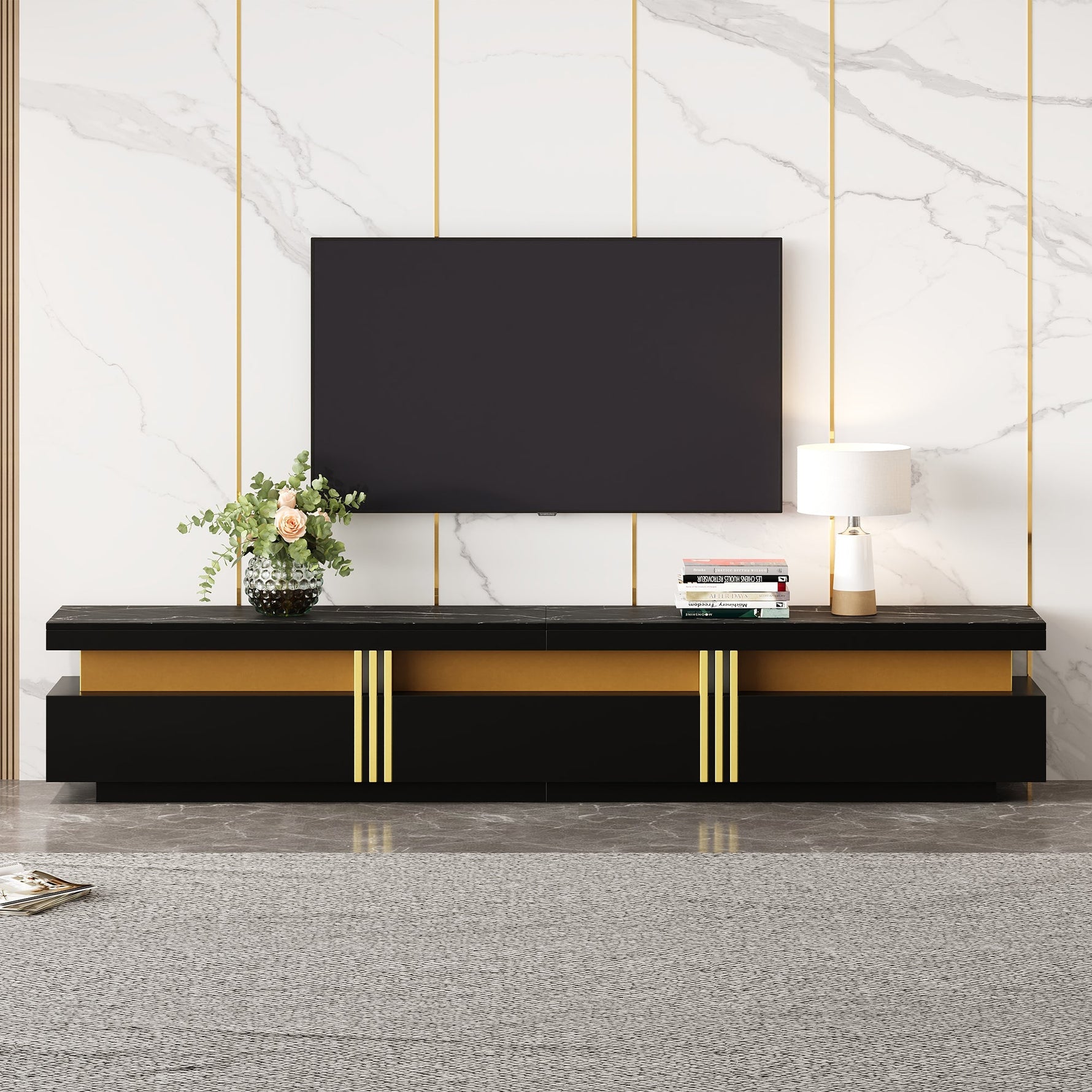 Lowboard TV Cabinet, Modern Marble Look with 3 Drawers, for up to 90-inch TVs