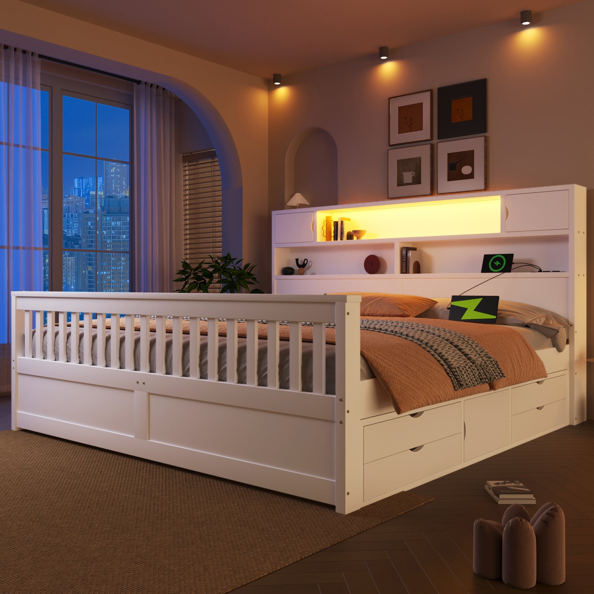 Platform Bed Frame with Storage Shelves, LED, USB and 4 Drawers, 180x200cm, White