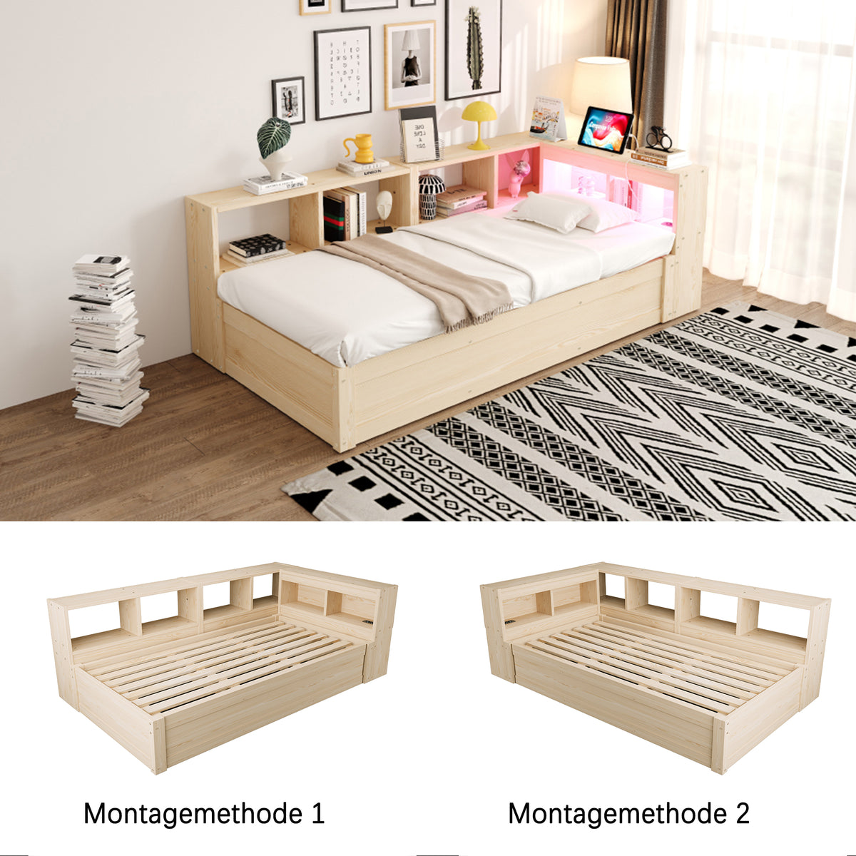 Sofa Bed 90x200cm with Hydraulic Storage & LED, Wood Color
