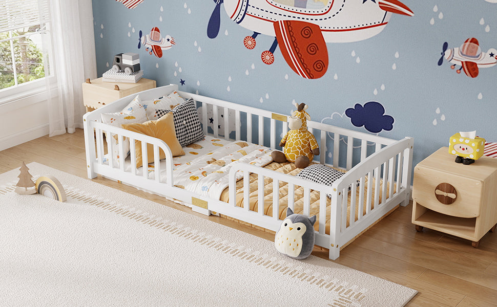 Floor Bed 90x200cm with Guardrails, Pine Wood, White