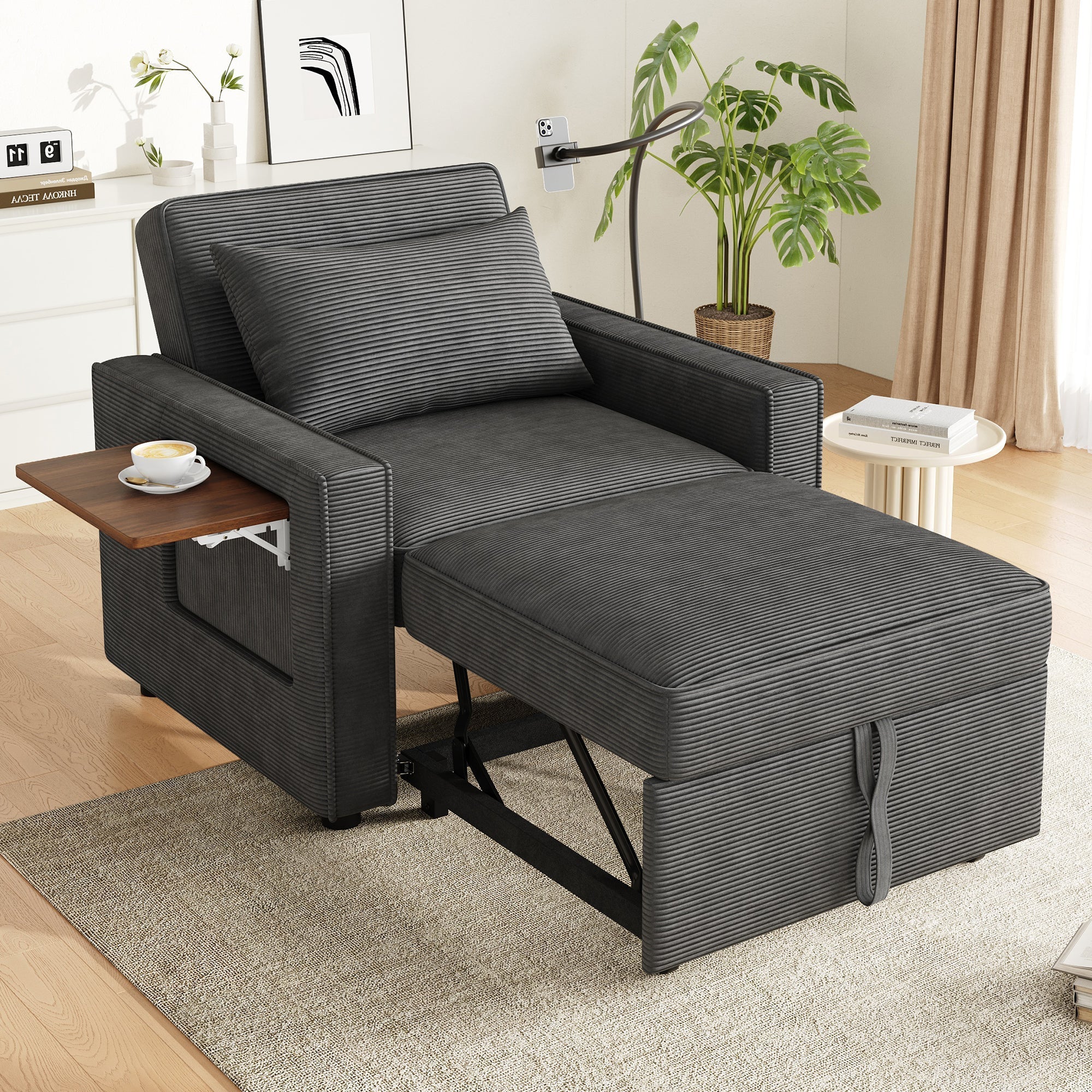 Foldable Sofa Bed, 1-Seater Recliner with USB & Phone Holder, Corduroy Grey