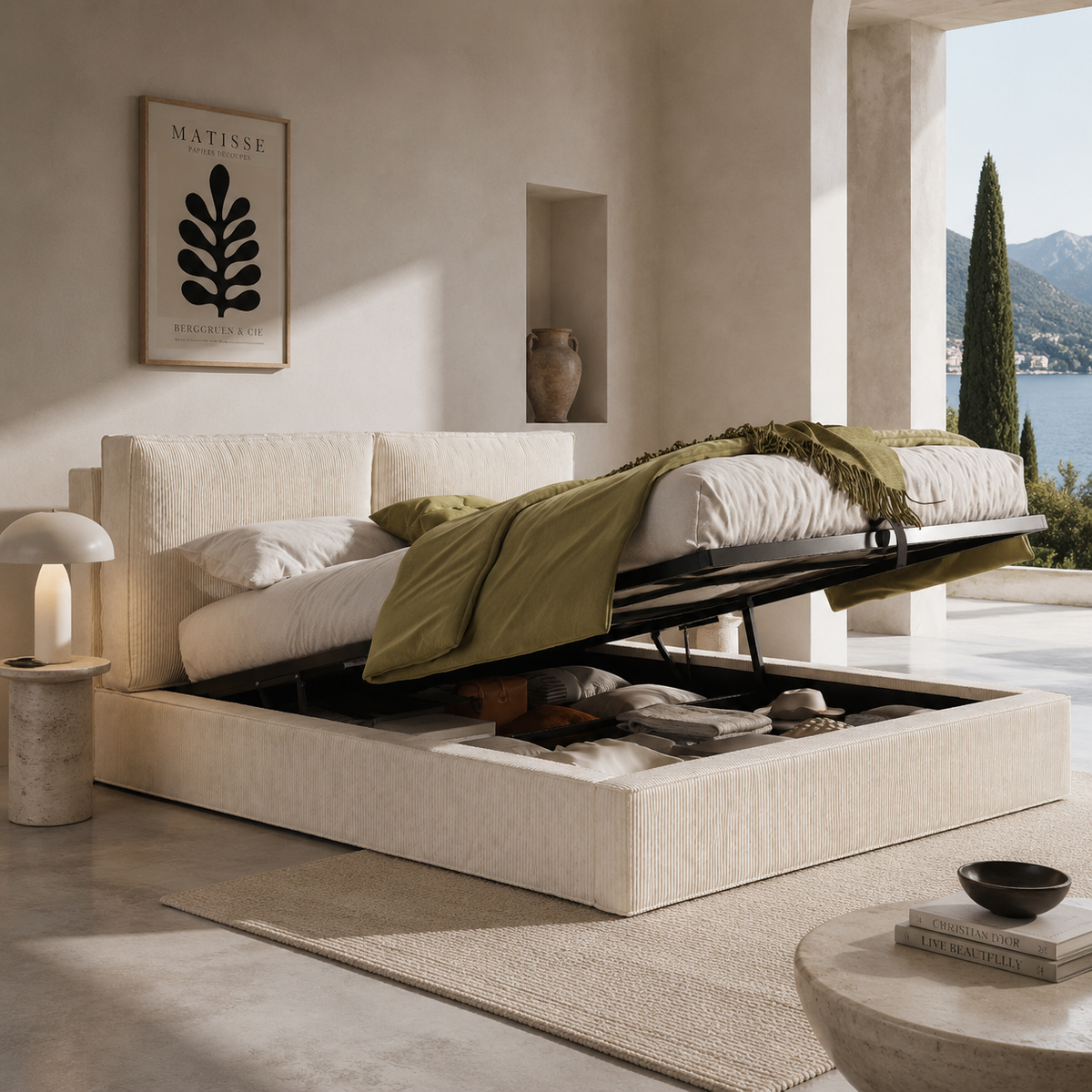 Upholstered Double Bed 180x200cm, Hydraulic Frame, Beige Corduroy