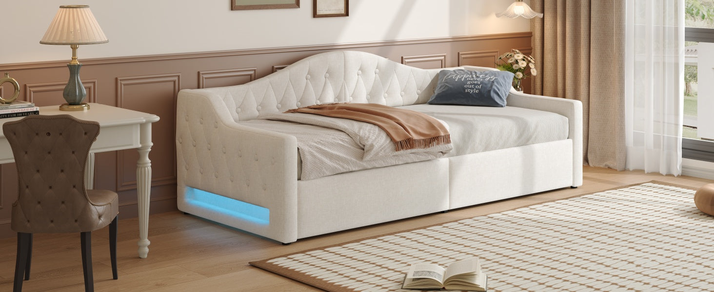 Upholstered Daybed, 90x200 LED Storage, Beige