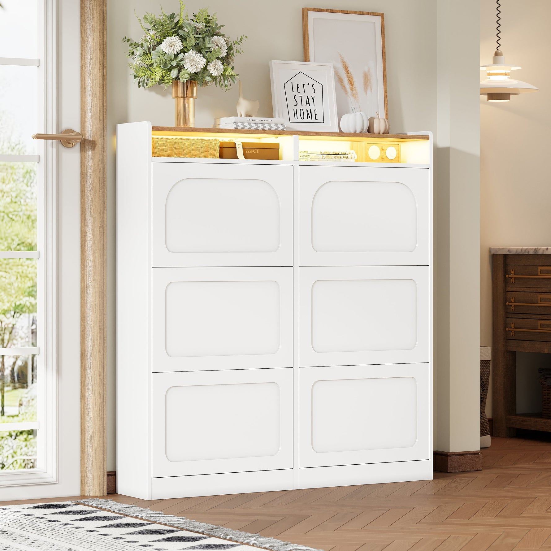 Shoe Cabinet 6 Drop-Down Compartments LED Lighting Open Storage White Natural Finish
