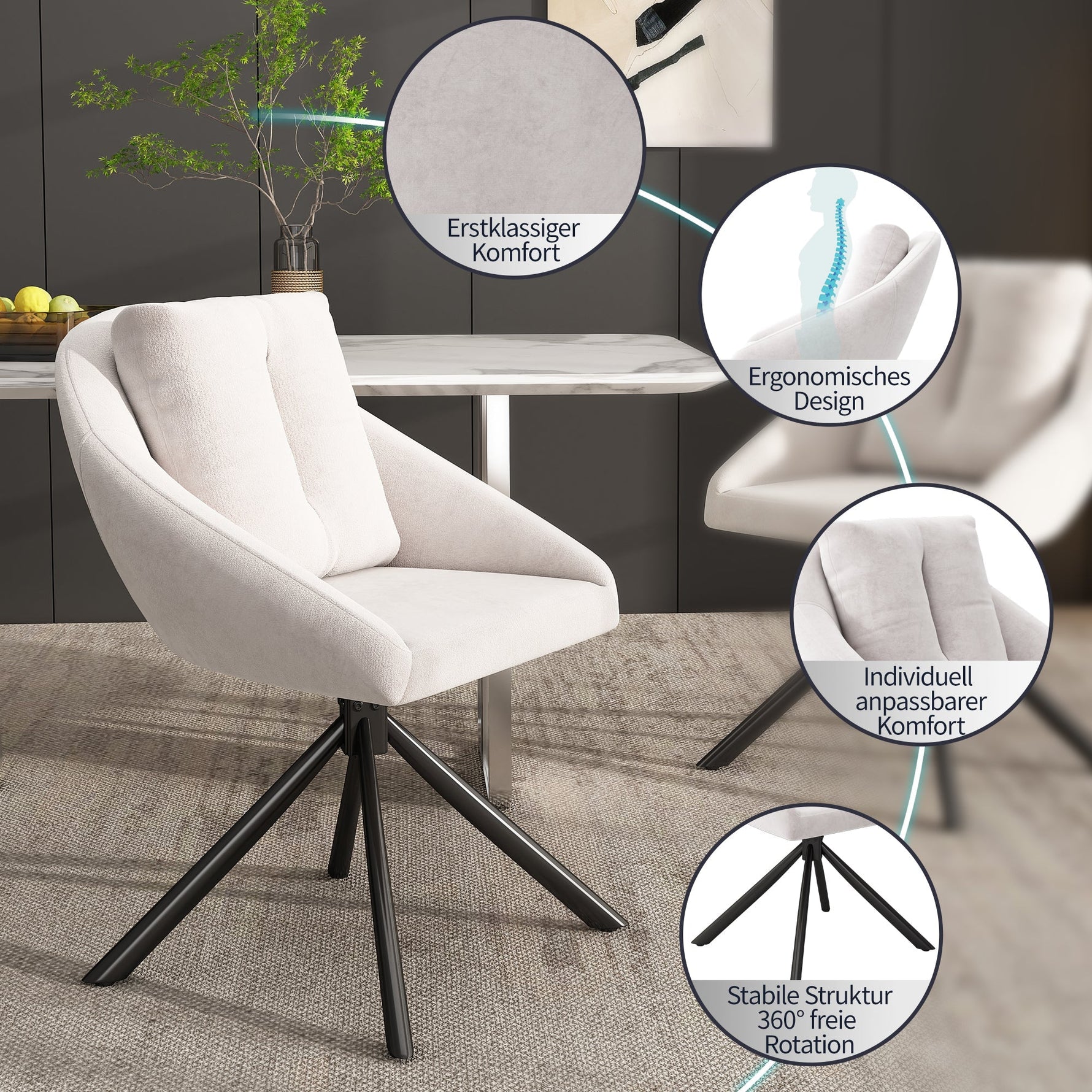 Swivel Dining Chair Modern Ergonomic - Beige Velvet