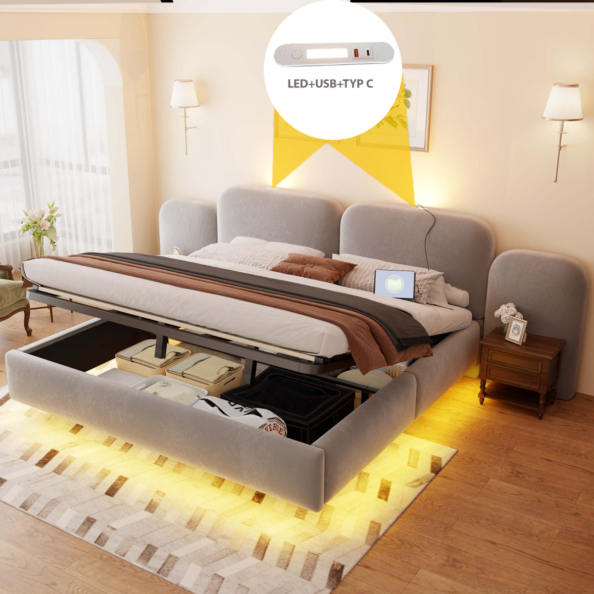 Upholstered Bed 180x200cm with Storage & LED, Grey Velvet