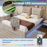 LED upholstered bed, 140 × 190 cm, hydraulic bed, 2-in-1 storage drawers at the foot of the bed, built-in LED light strips on both sides of the bed, slatted base, mattress not included, velvet, grey.