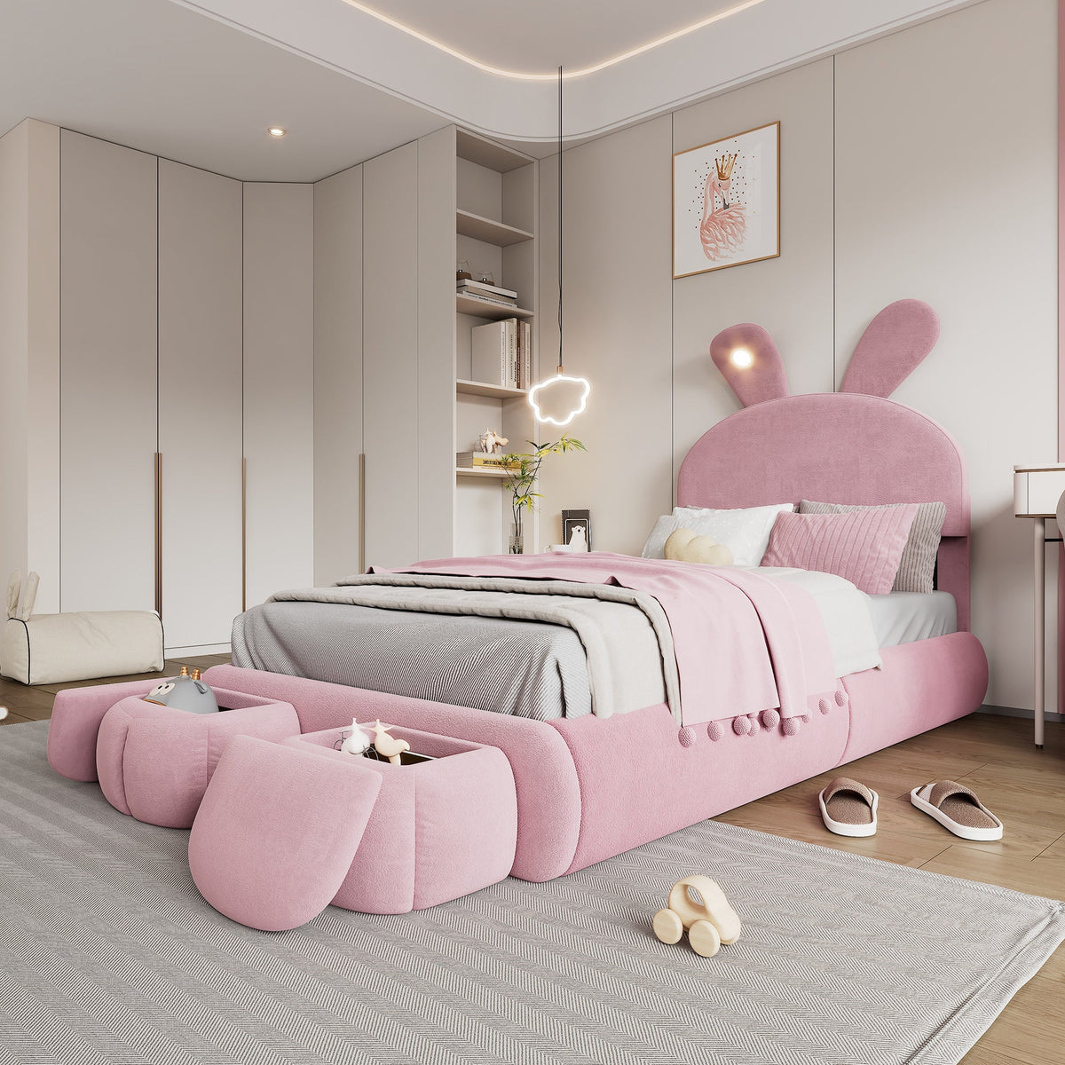 Upholstered Bed Single Bunny Ears LED Storage Stools Velvet Pink 90x200cm