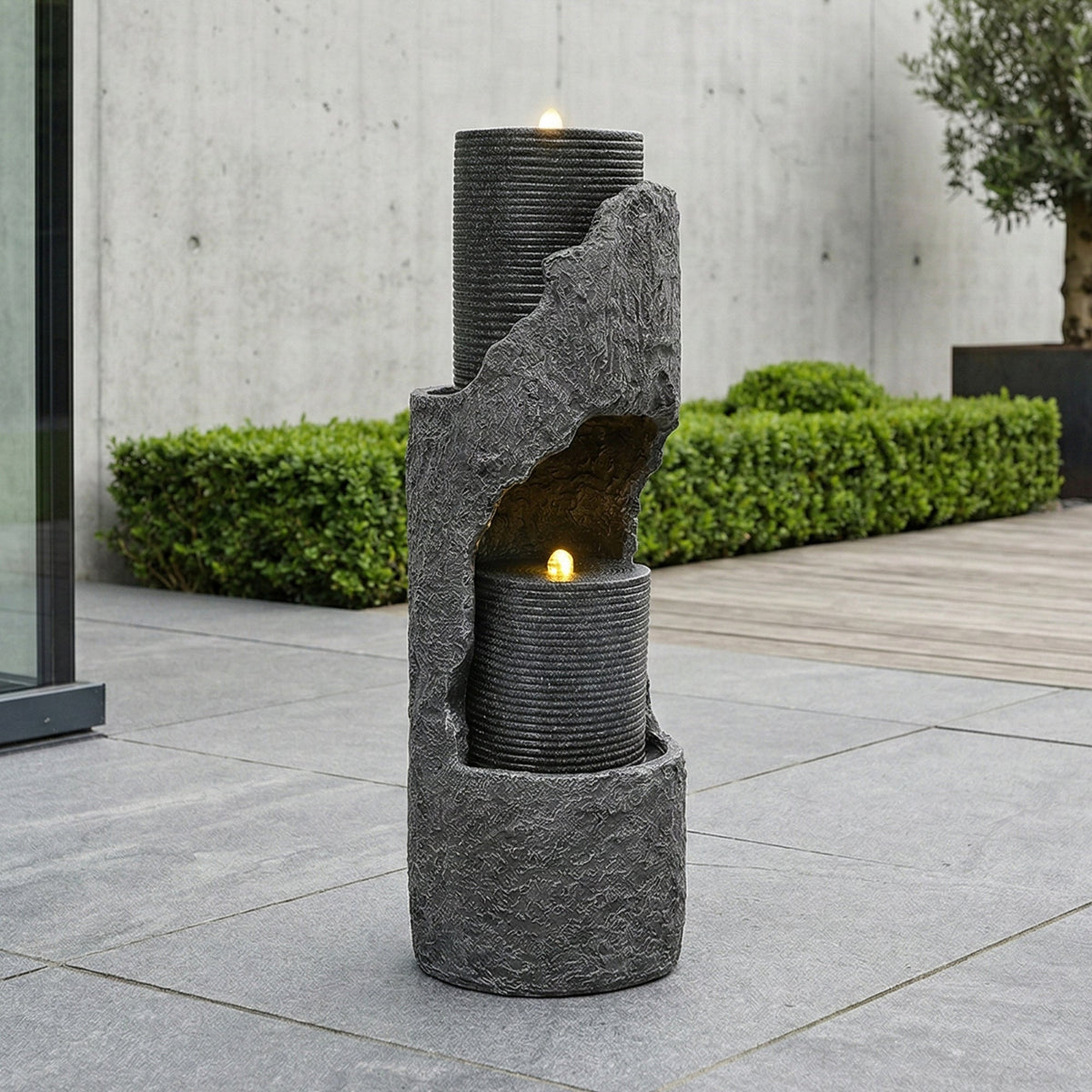 Garden Fountain with LED Lighting, Water Pump and Decorative Basin, Grey Artificial Stone