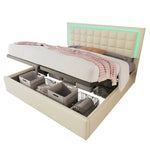 Upholstered Bed with LED Lighting, Storage Space and Slatted Frame, 140x200cm, White Faux Leather
