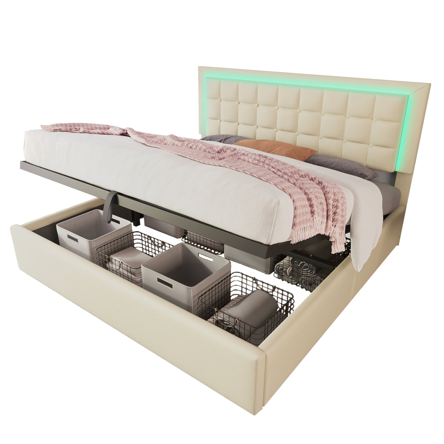061617AAW Upholstered Double Bed with LED Lighting, Slatted Frame and Storage, 180x200cm, White Faux Leather
