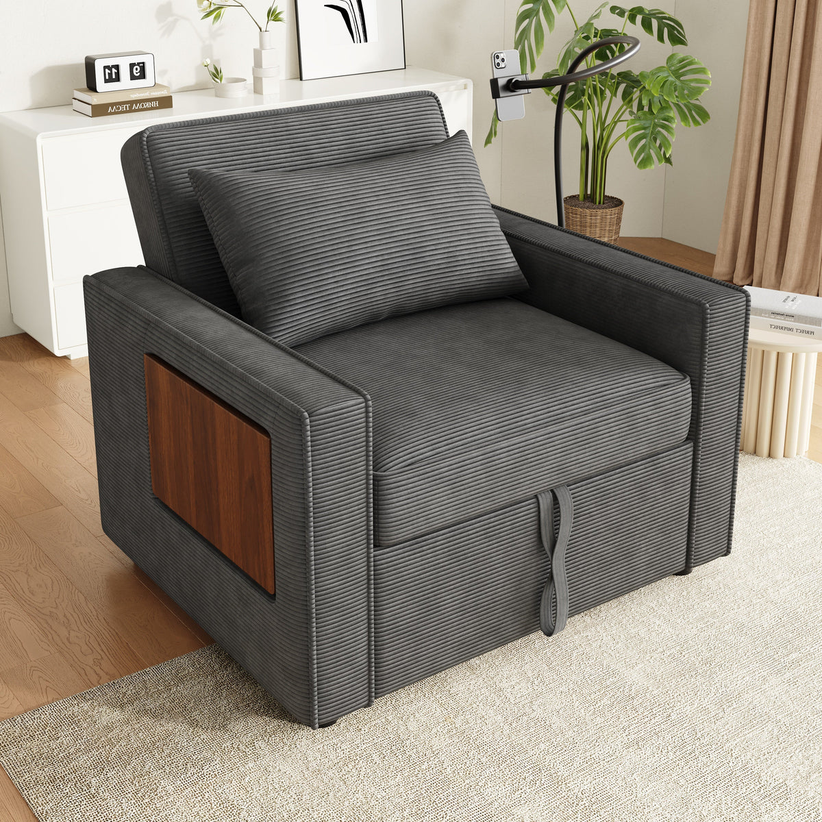 Foldable Sofa Bed, 1-Seater Recliner with USB & Phone Holder, Corduroy Grey