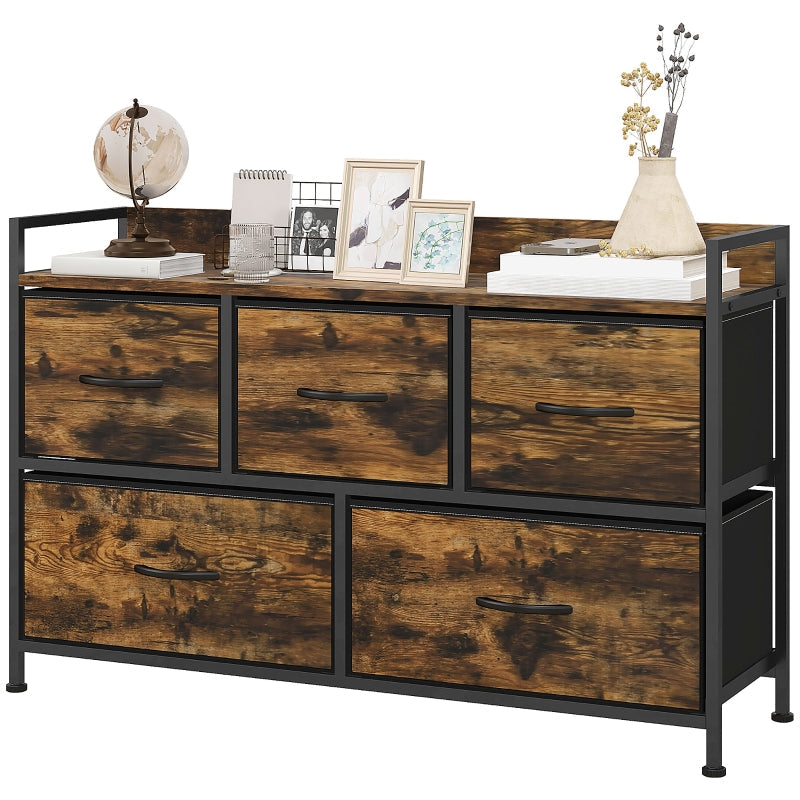 Chest of Drawers, 5-Drawer Fabric, Steel Frame, Rustic Brown