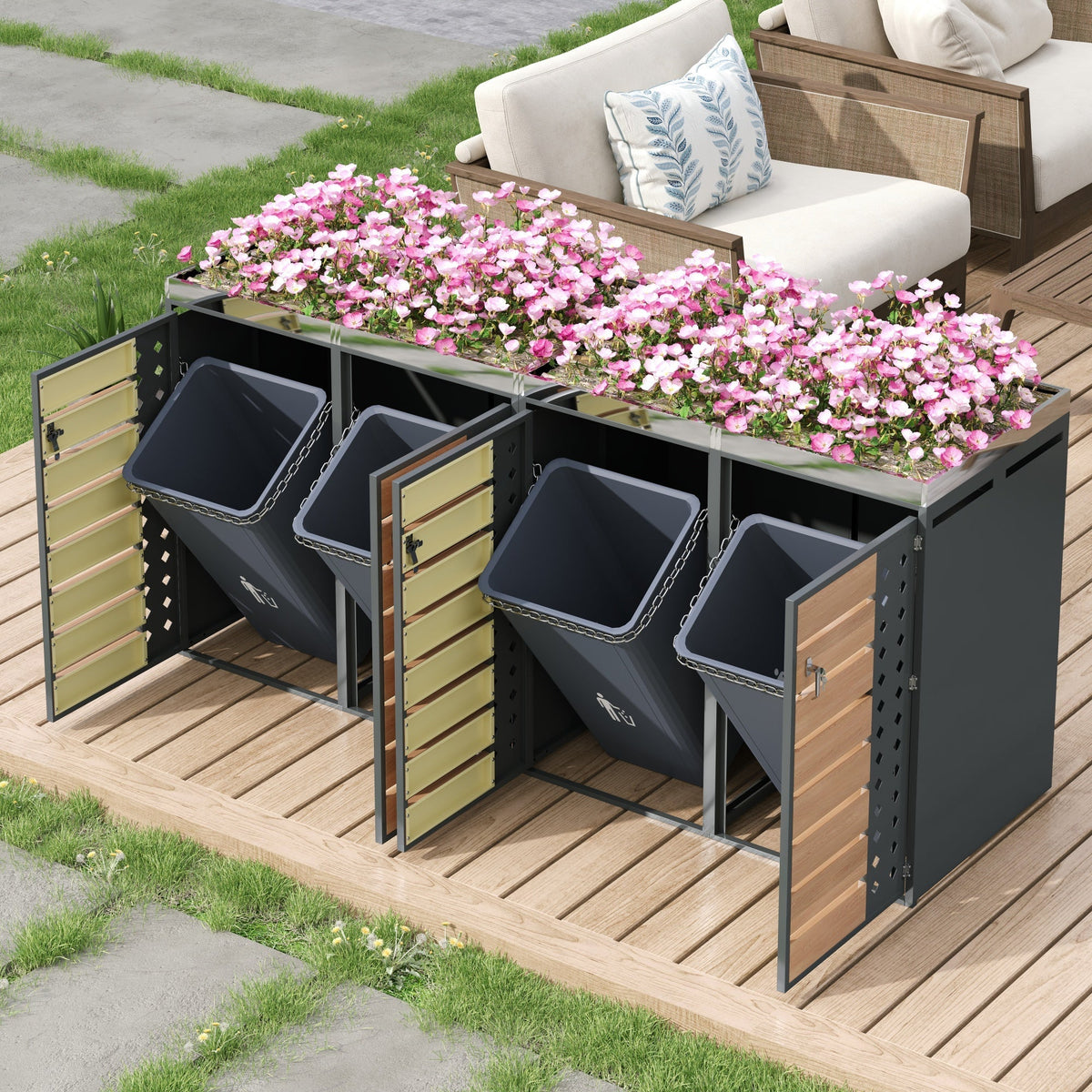 Garbage Can Enclosure with Lockable Four Doors and Planting Area, Horizontal Wood Grain Panels