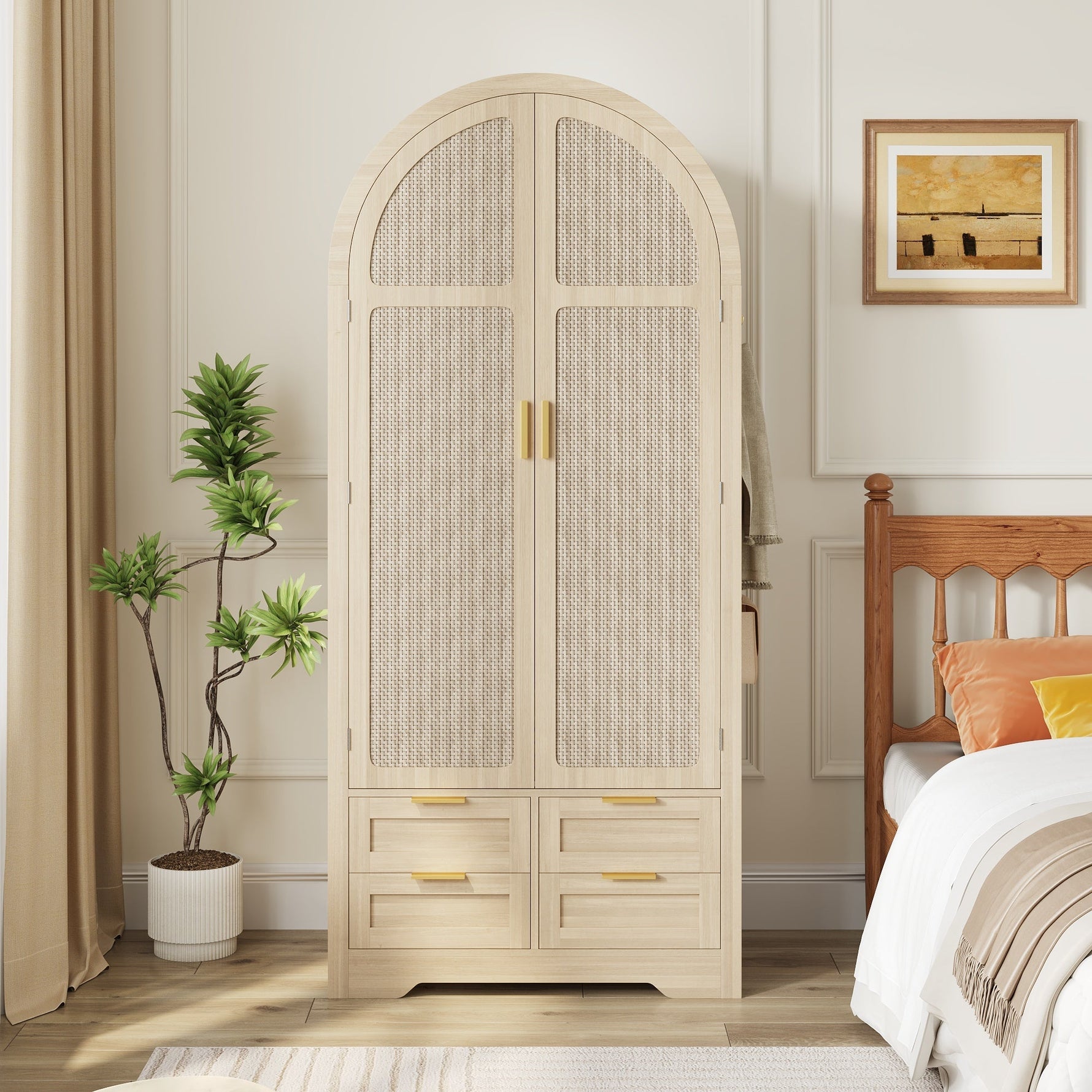 Modern Wardrobe with Curved Doors, Clothes Rail and Drawers, Oak MDF
