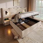 Upholstered Double Bed 160×200, Reading Lamp & USB-C, Storage, Solid Wood & Metal, Beige Linen