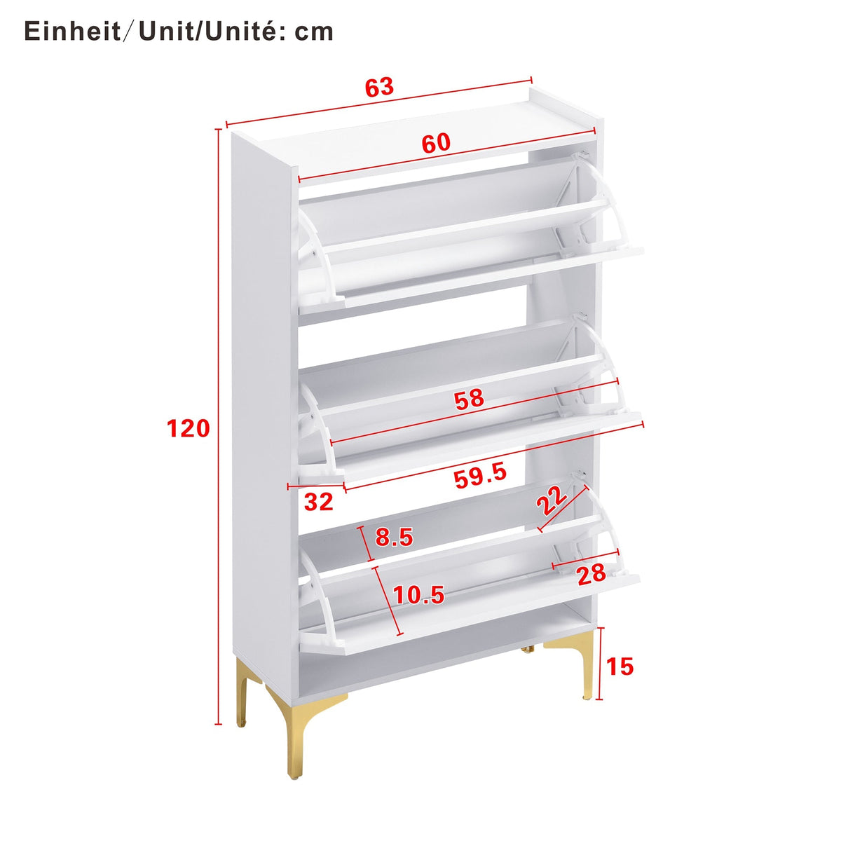 Modern Shoe Cabinet, 3-Tier Storage Metal Feet Entryway, White