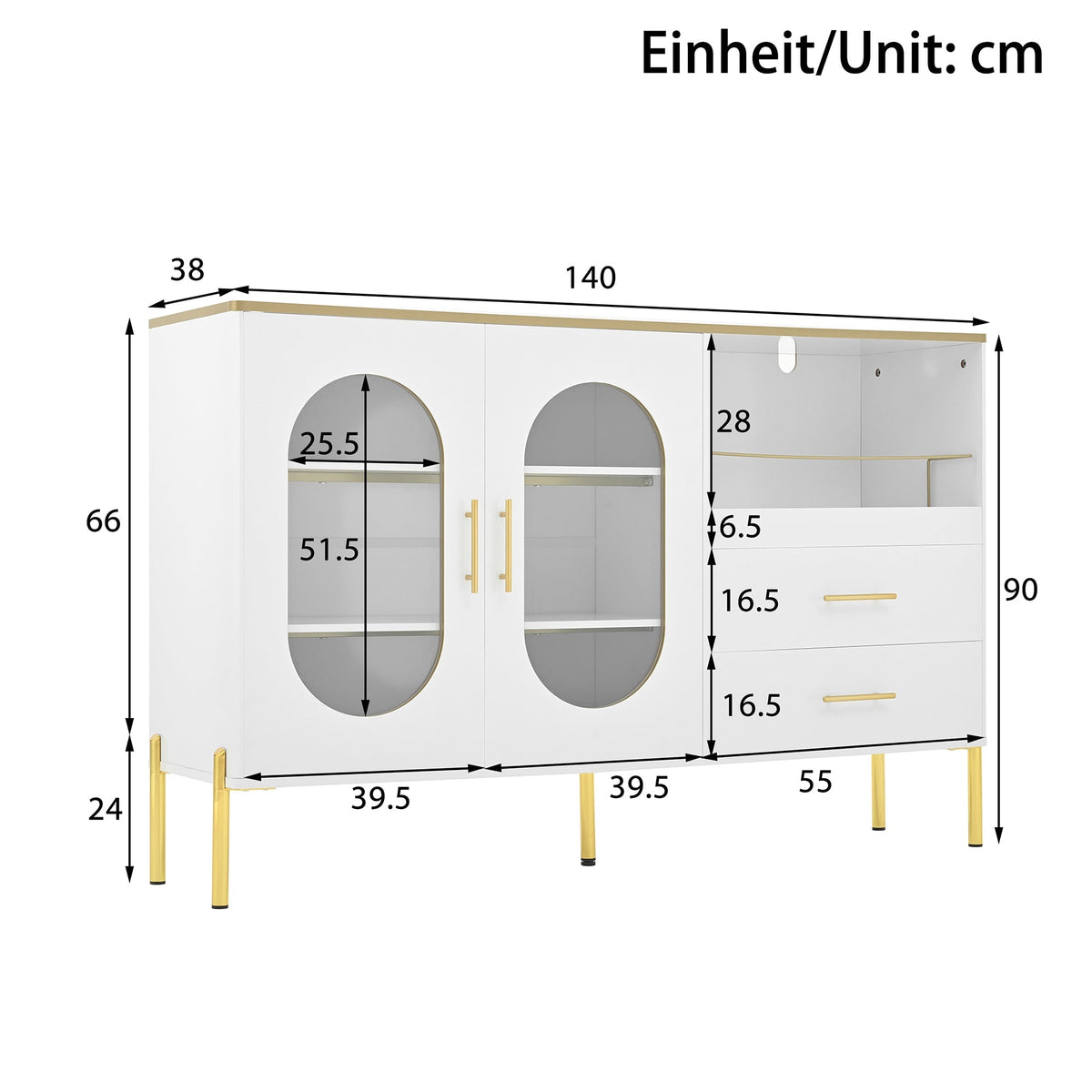 Sideboard Cabinet, 2 Drawers 2 Glass Doors Modern, White Gold Accents