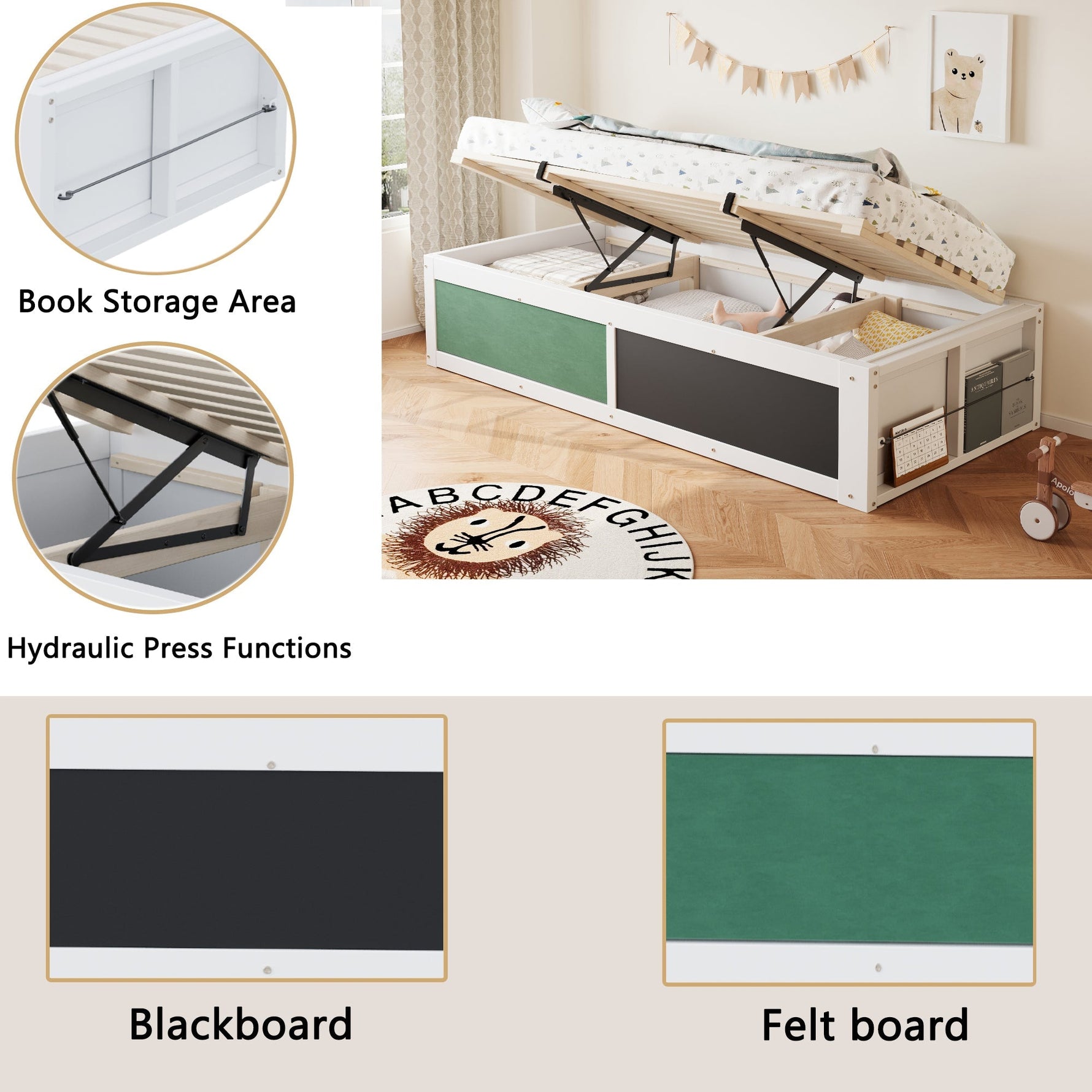 Wooden Bed 90x200cm Hydraulic Writing Surface Storage - White