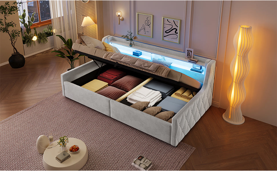 90x200 Platform Bed with Hydraulic Storage & LED, Beige Velvet