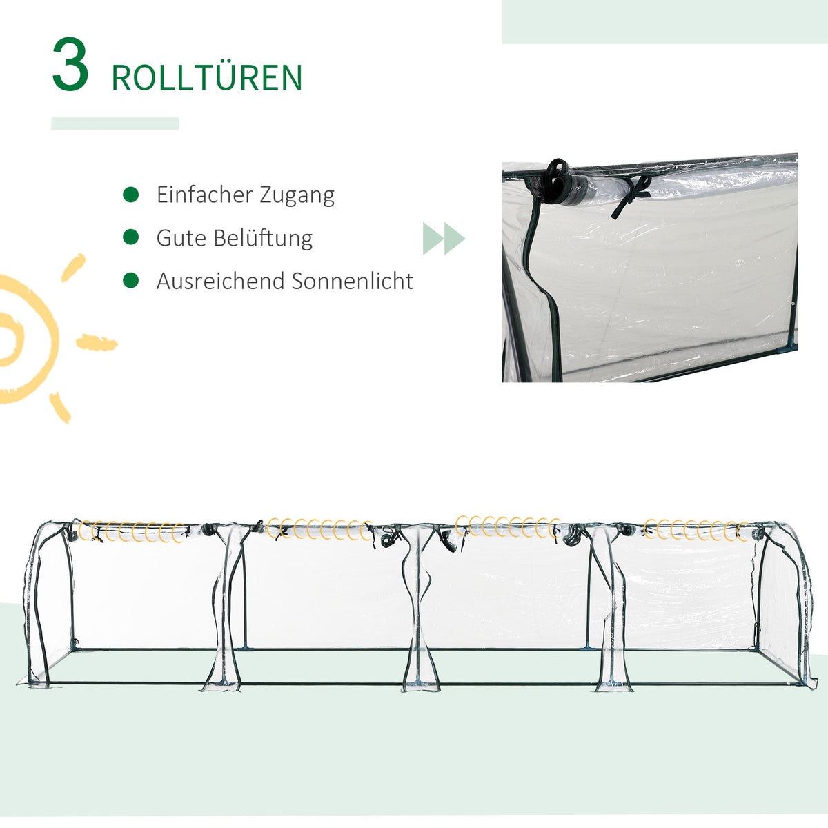 Tunnel Greenhouse, 4 Zippered Windows, Steel Frame, Robust Tarpaulin, Transparent