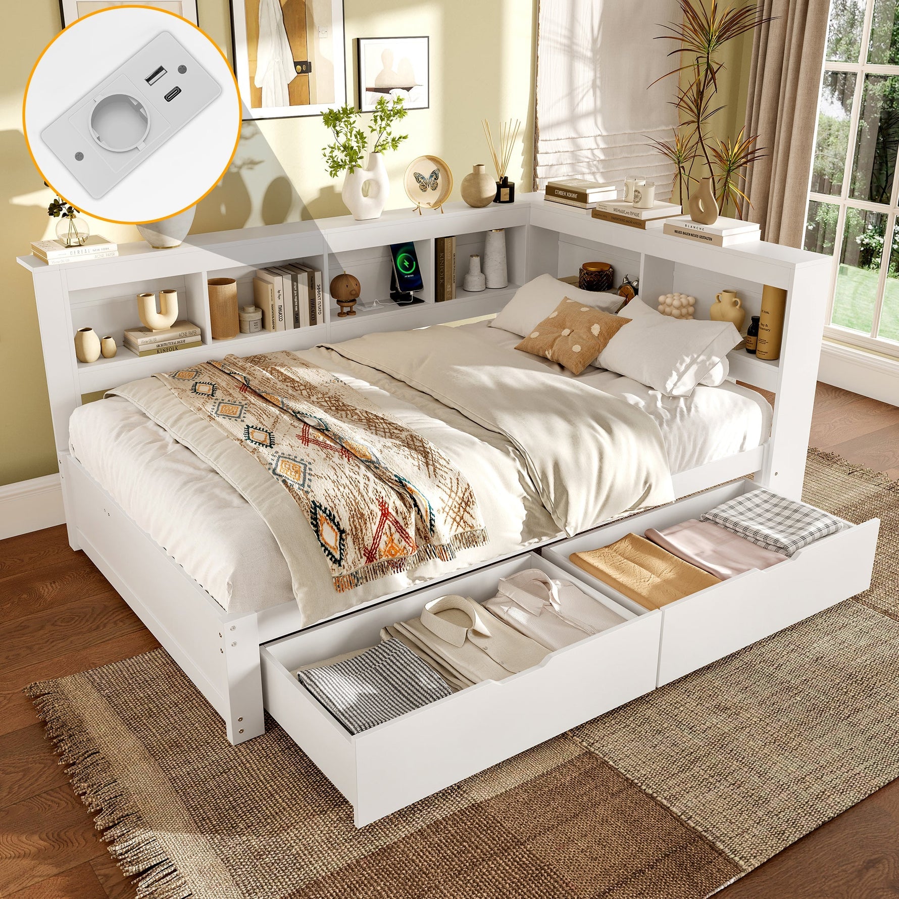 Daybed with 2 Drawers and USB Charging Ports, 140 x 200 cm, White Chipboard