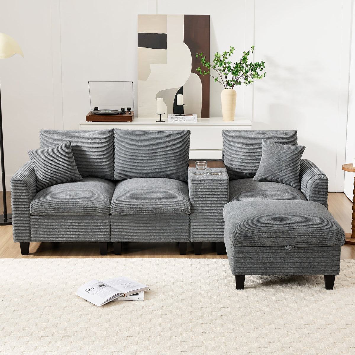 Modern L-shaped Corner Sofa Convertible Console Cup Holders USB Corduroy Fabric