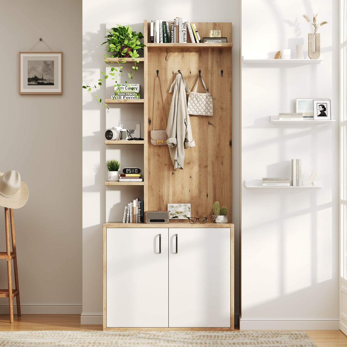 Coat Rack, 75x33x180cm Wardrobe, Shoe Storage & Hooks, Wood & White