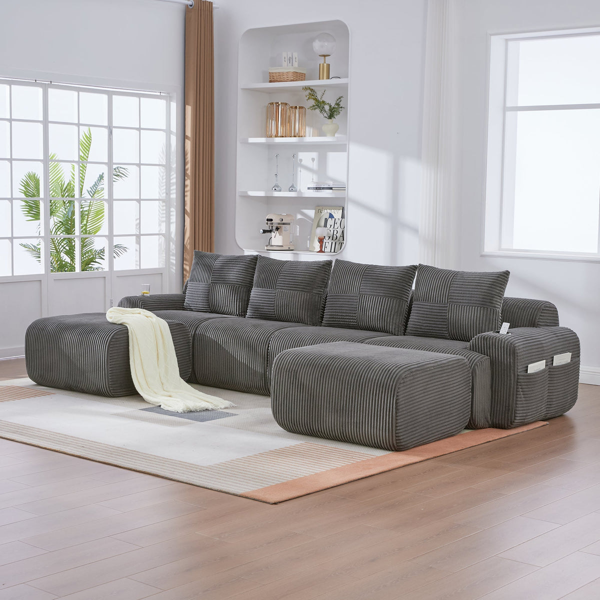 Modular 4-Seater Sofa with 2 Ottomans, Cup Holders and Storage Pocket, Dark Grey Corduroy