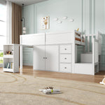 Multifunctional Children's Loft Bed with Desk, Wardrobe and Storage Stairs, White MDF