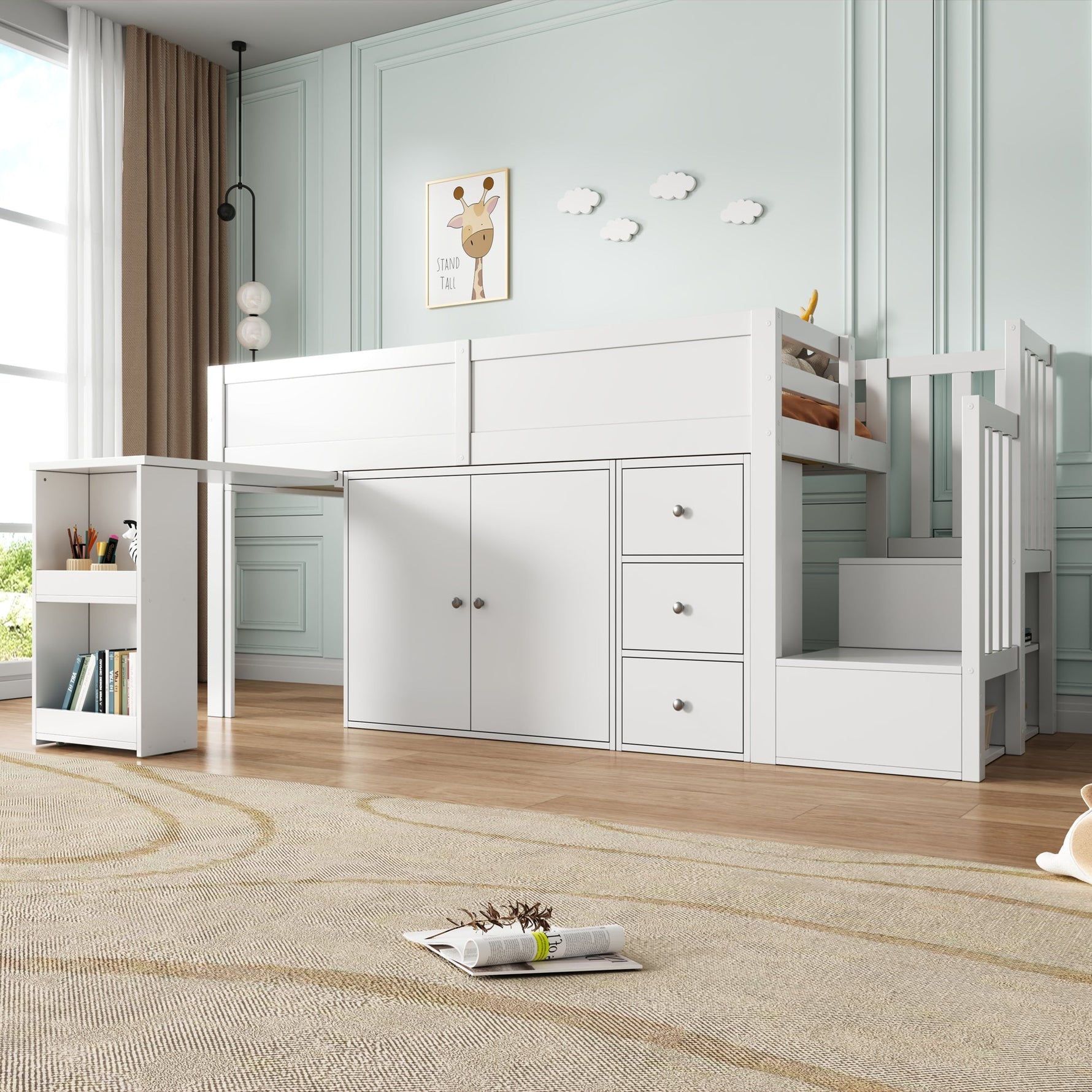 Multifunctional Children's Loft Bed with Desk, Wardrobe and Storage Stairs, White MDF