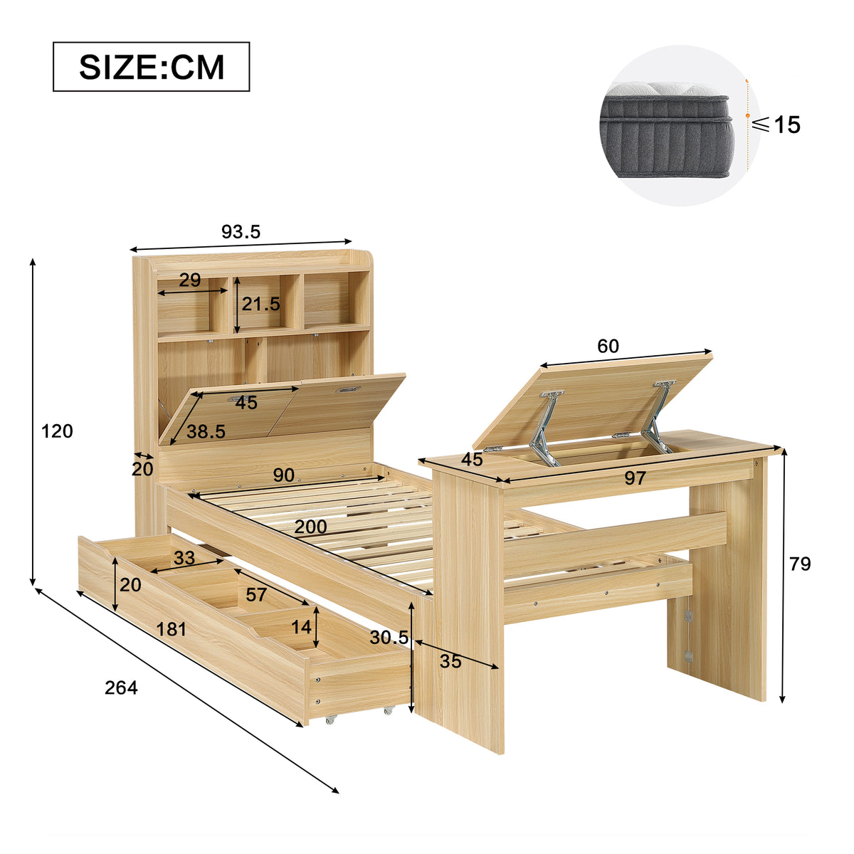 Children's Single Bed 90x200cm with Drawer & Table, Natural Wood