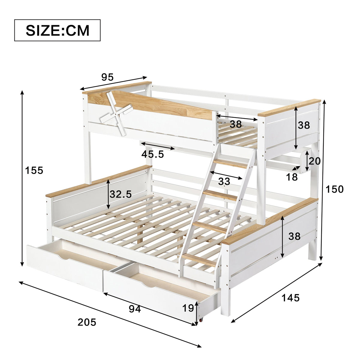 Bunk Bed with Windmill, Shelves & Drawers, Pine + MDF, White + Natural