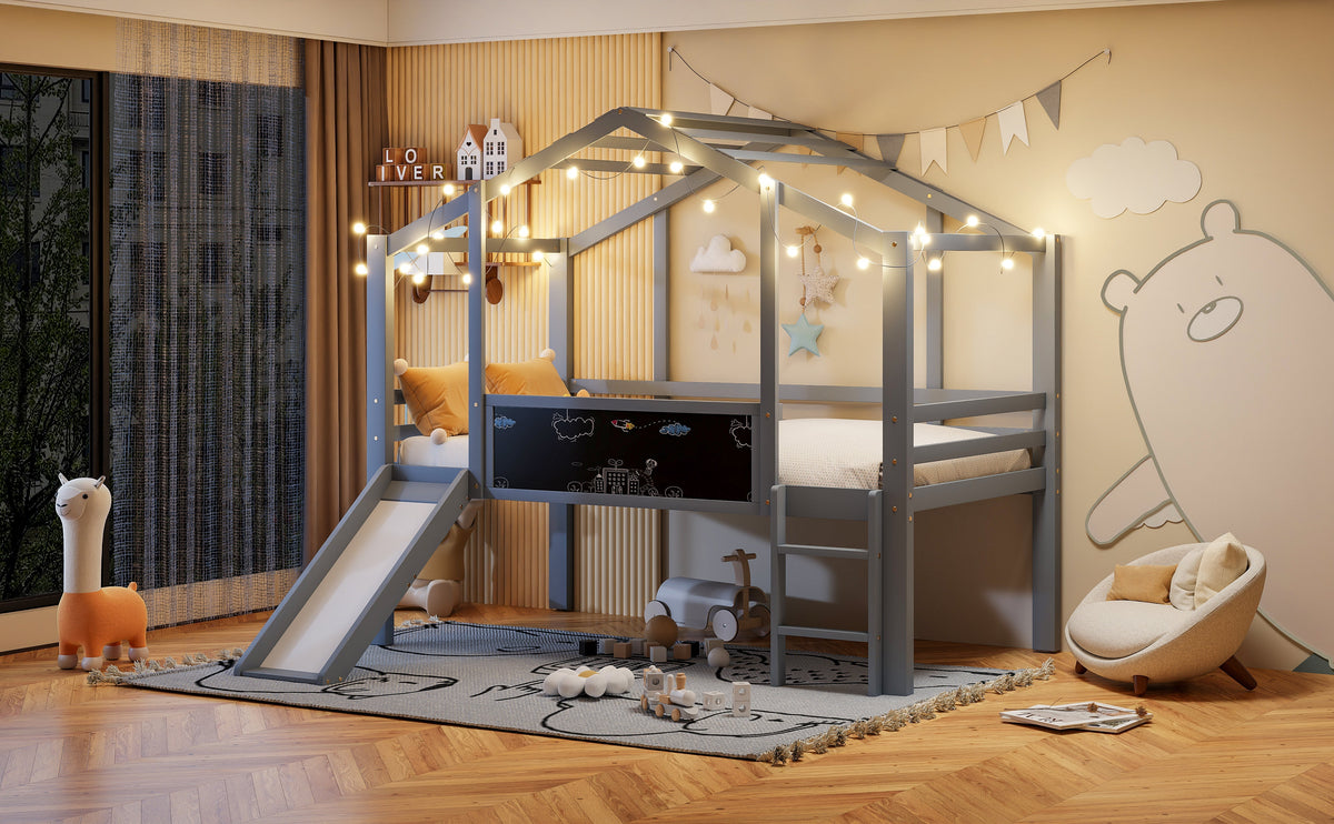 Children's Loft Bed 90x200cm, Slide, Ladder & Graffiti Board, Solid Wood Grey