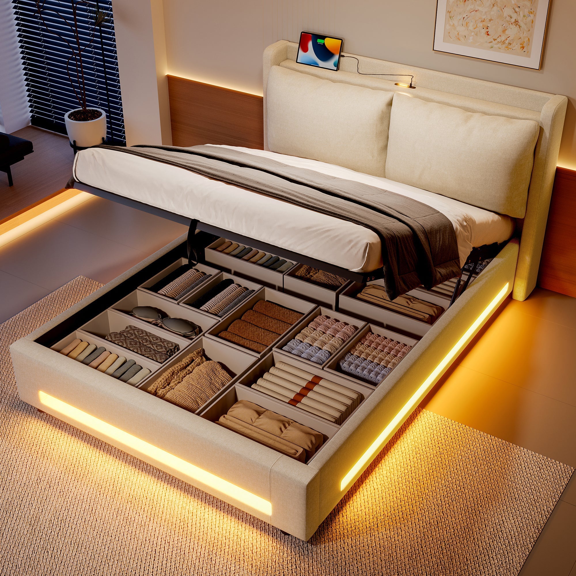 Modern Upholstered Bed with Storage, LED Light, USB-C Ports - 140x200cm