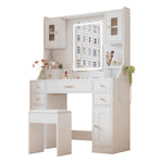 Dressing table with adjustable LED lighting, power outlets, mirror, 6 drawers, 4 doors, white
