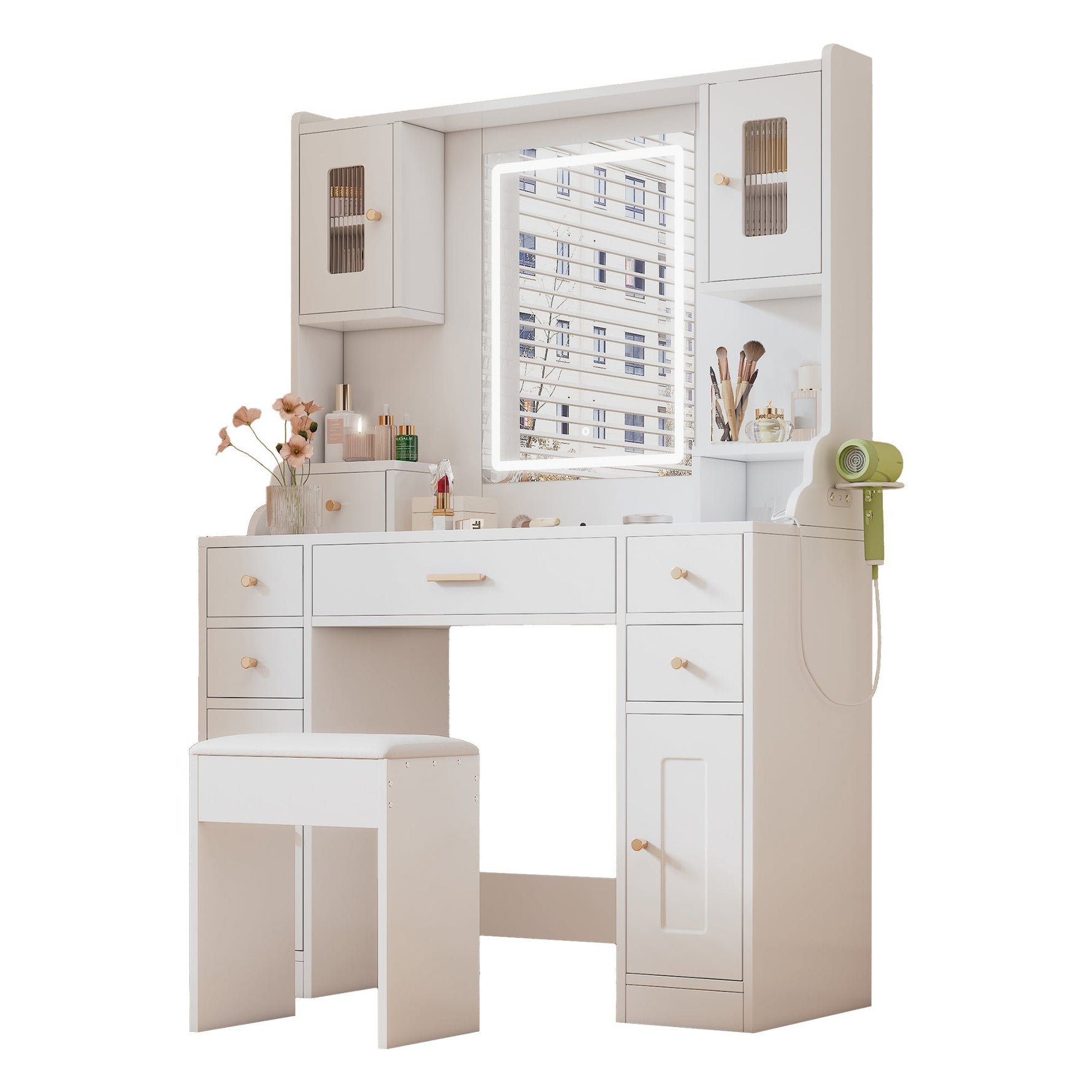 Dressing table with adjustable LED lighting, power outlets, mirror, 6 drawers, 4 doors, white