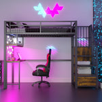 Metal Loft Bed 90x200cm Storage Ladder Wardrobe Desk Light & USB - Black