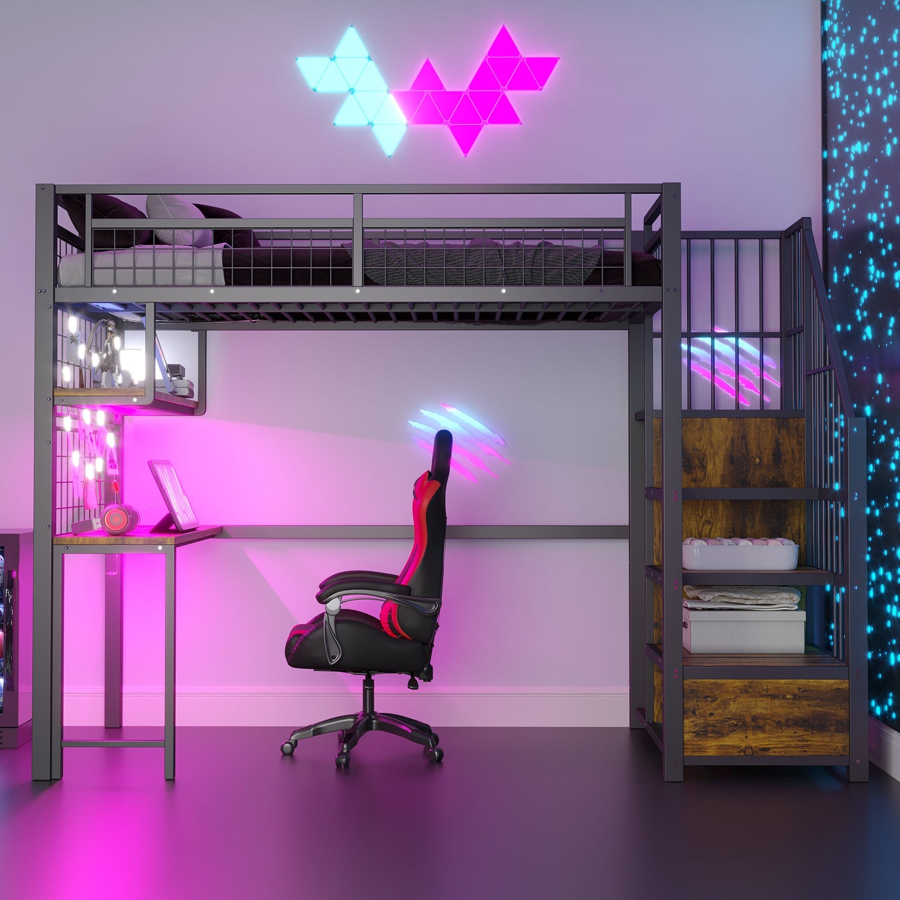 Metal Loft Bed 90x200cm Storage Ladder Wardrobe Desk Light & USB - Black