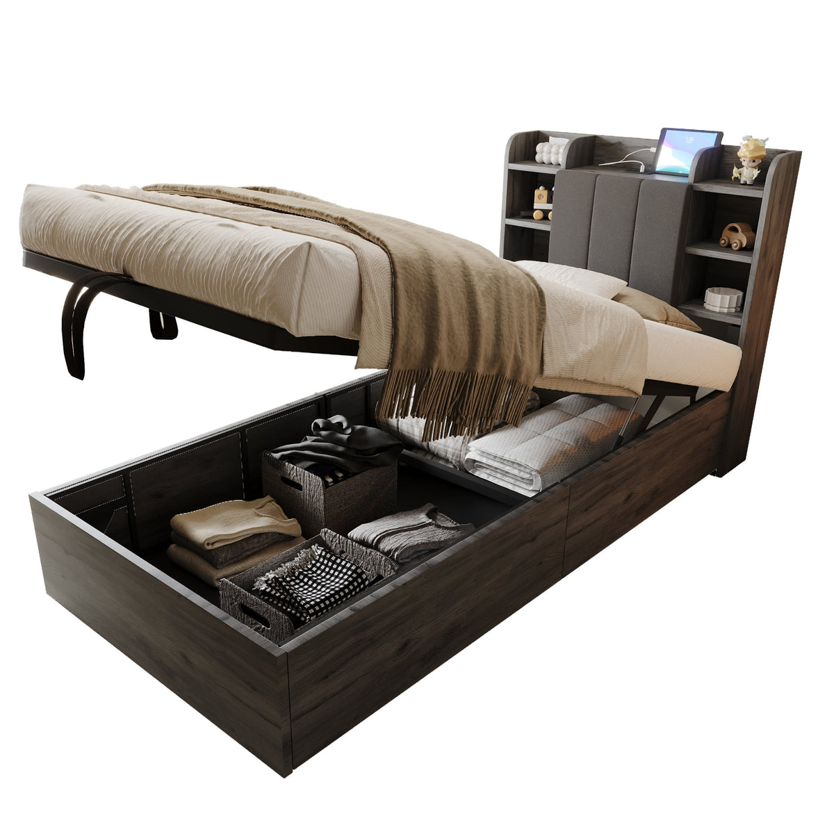 Wooden Bed, 90x200 cm Hydraulic with Storage & USB/Type-C, Grey