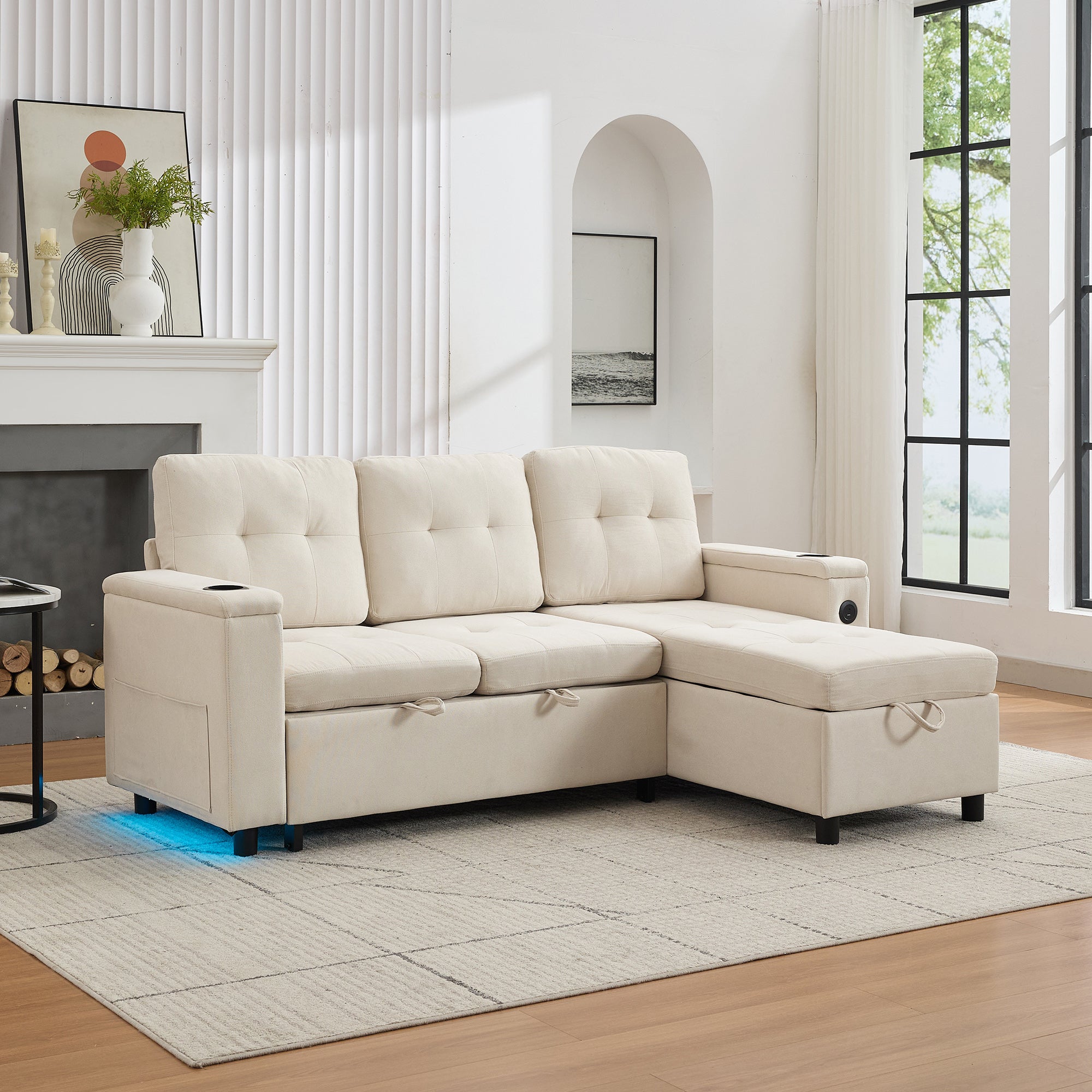 Treviso L-Shaped Sofa Bed 3-Seater Fold-Out Hidden Storage LED Strip Beige