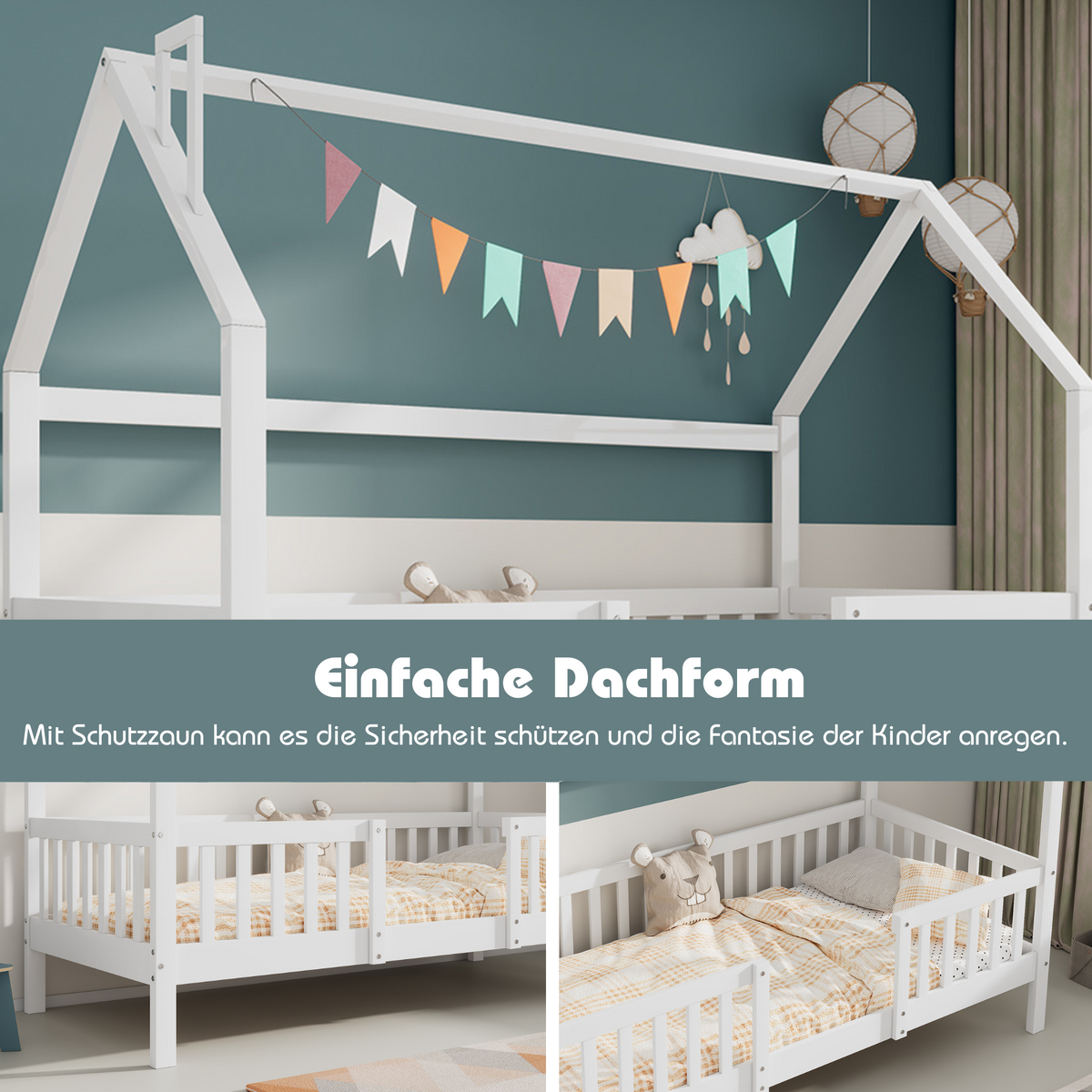 House Bed 90x200cm Chimney Slatted Base - White Pine Wood