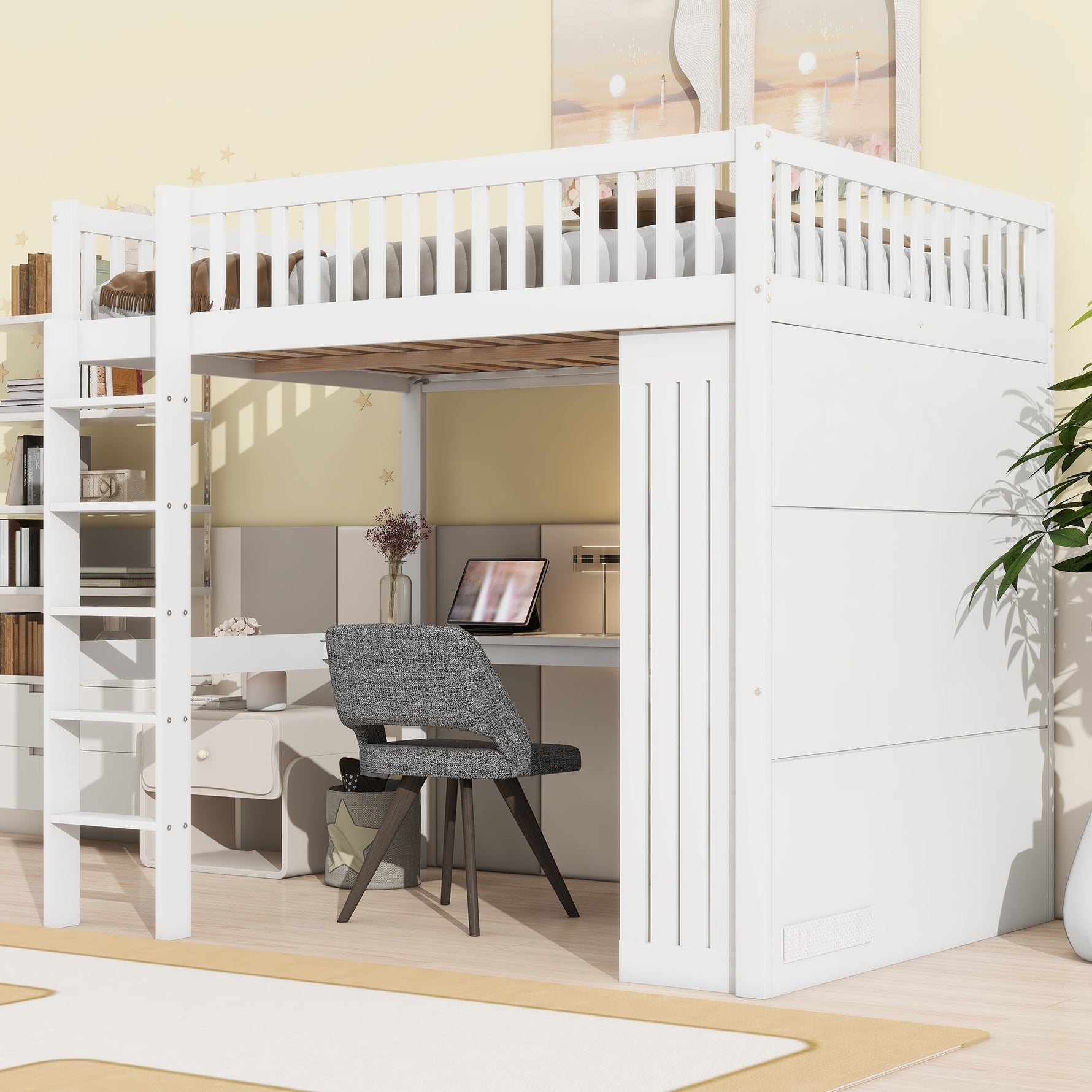 Loft Bed 140x200cm Desk Wardrobe 3 Drawers Storage Stairs - White