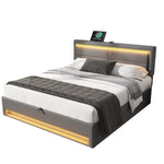 Upholstered Bed 140x200cm USB Charging LED Light Storage PU Lychee Grey