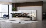 Upholstered Bed, 180*200cm, Extra-Long Backrest, Reading Lamp, USB Port, Hydraulic Storage, Beige Velvet