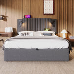 Upholstered Bed 160x200, Double Bed with Storage & Reading Light, Cotton Gray