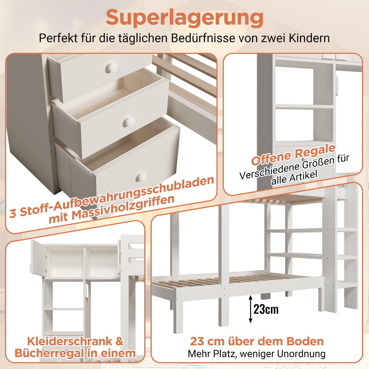 Bunk Bed 90x200 cm with Wardrobe & Storage Drawers, White