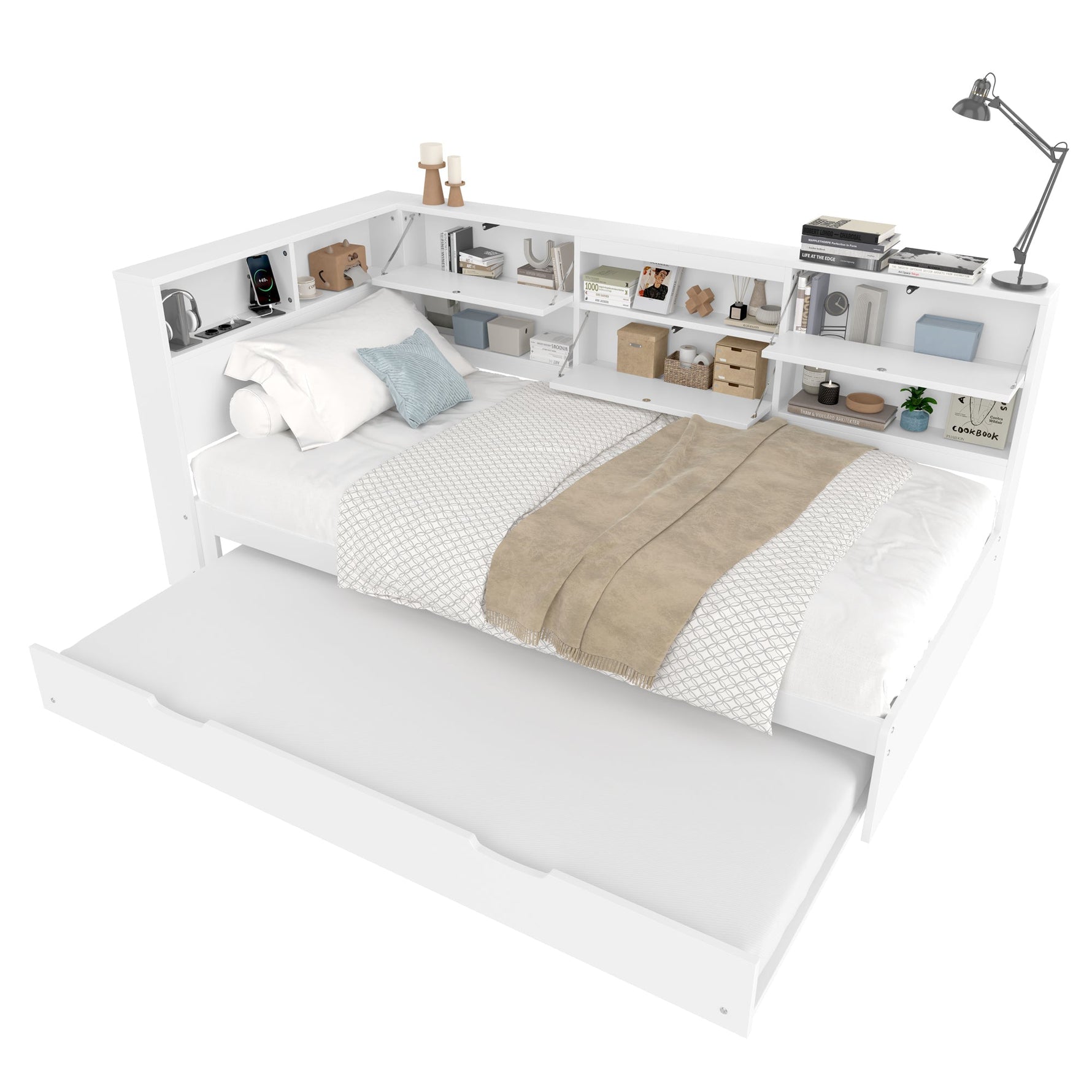 Daybed Sofa Bed with 90x200cm Storage Headboard and Extendable Bed, White