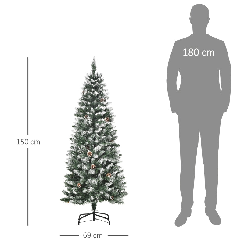 Artificial Christmas Tree, 630 Branches, 37 Cones, Snowy Tips, Fireproof, 150 cm