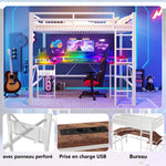 Loft Bed with Desk, LED Light Strip, USB Ports and Pegboard, White Metal Frame